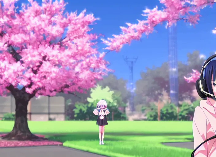 Prompt: A screenshot of An anime gamer girl wearing headphones under sakura tree