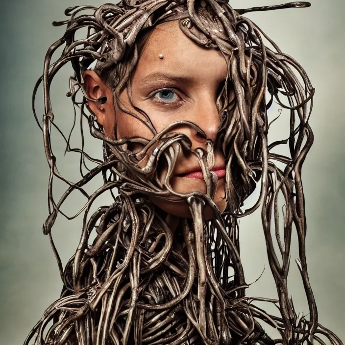 Prompt: closeup portrait of a cyborg woman with twisting roots and lilies growing out of her face, standing in a desolate apocalyptic city, by Annie Leibovitz and Steve McCurry, natural light, detailed face, CANON Eos C300, ƒ1.8, 35mm, 8K, medium-format print