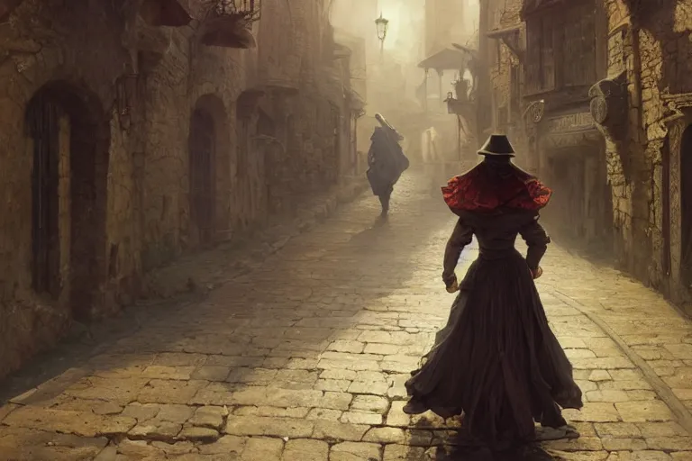 Image similar to A girl with big hat walking through the streets of a medieval village at night, glowing lights, oil painting, Greg Rutkowski, gustave doré, alphonse mucha, frank frazetta, unreal 5, hyperrealistic, cinematic view, octane render, RPG portrait, dynamic lighting, fantasy art, beautiful face