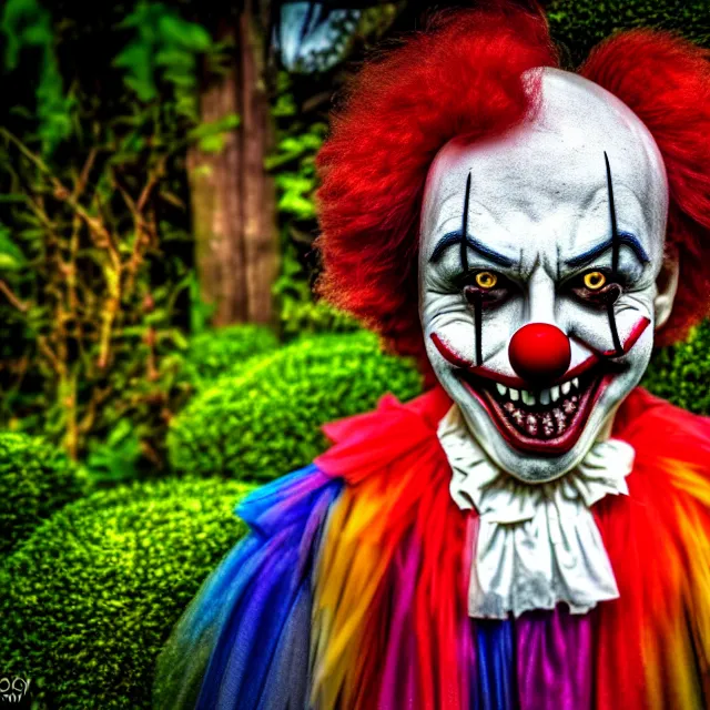 Prompt: creepy clown in your garden, highly detailed, 8 k, hdr, smooth, sharp focus, high resolution, award - winning photo