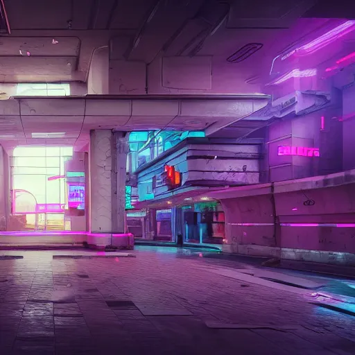 Image similar to architecture, futuristic, neon, cyberpunk, vaporwave, pastel colors, hd 8 k, vfx simulation, unreal engine, abandoned, overgrown, candy shop