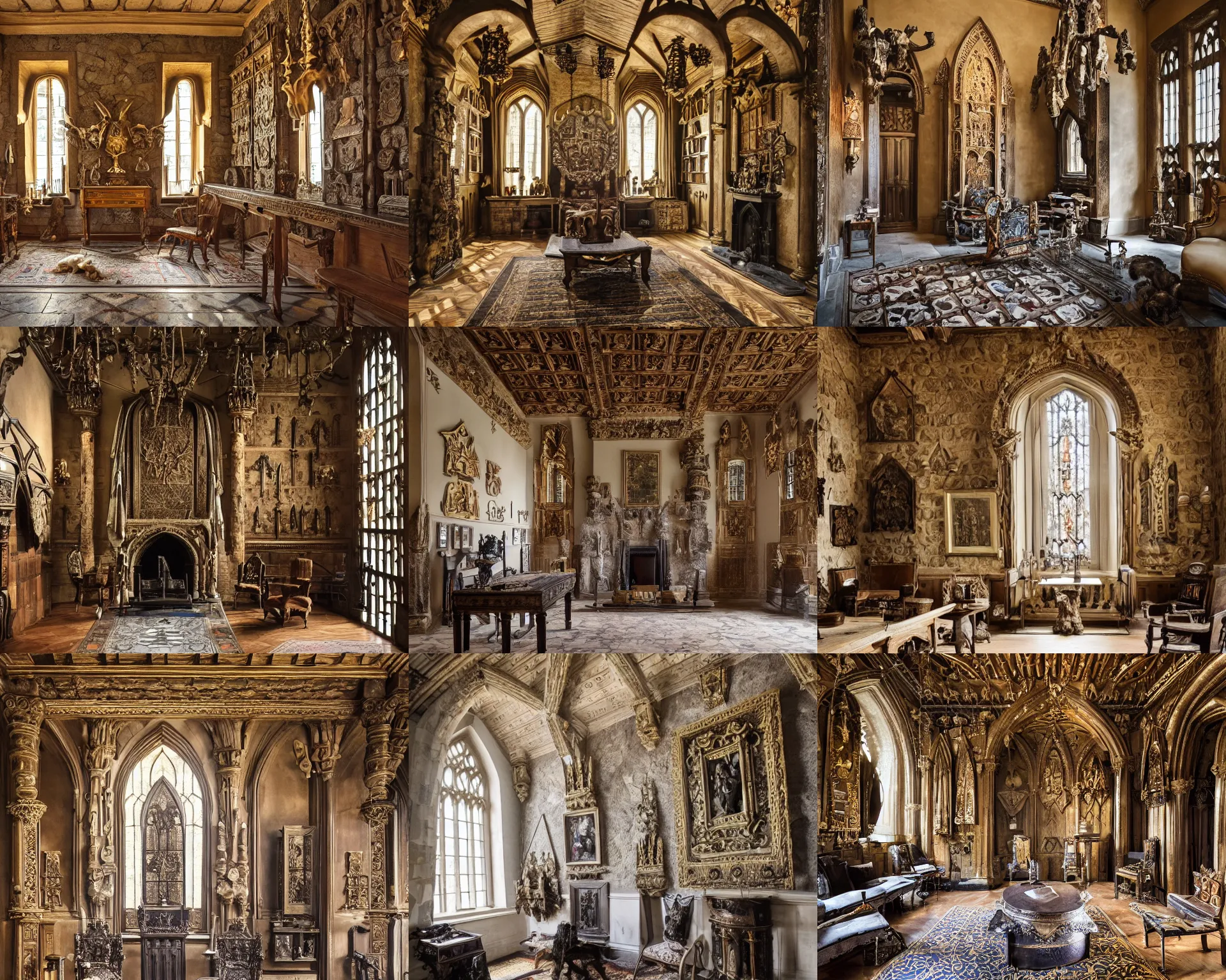 Prompt: photo of castle throne room, interior view, stone walls, majestic, gothic architecture, gilded, intricate interior design, heraldic crests on the wall, mounted taxidermy animal heads, in norway, sublime, cinematic, photographic