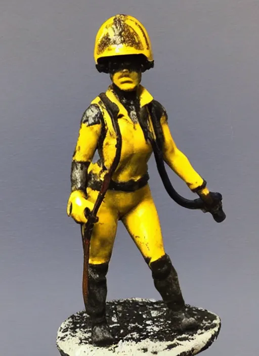 Prompt: Fine Image on the store website, eBay, Full body, 80mm resin detailed miniature of a Muscular female miner, wearing yellow helmet.