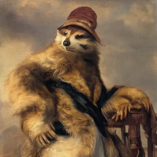 Image similar to a gentleman raccoon wearing a tophap, portrait, painting, detailed, artwork by Anthony van Dyck