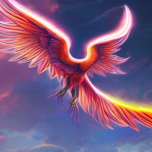 Image similar to artwork of a phoenix, highly detailed, artstation, rainbow colors, night black sky background, smooth illustration, digital art, unreal engine, ultra realistic, fine art, concept art