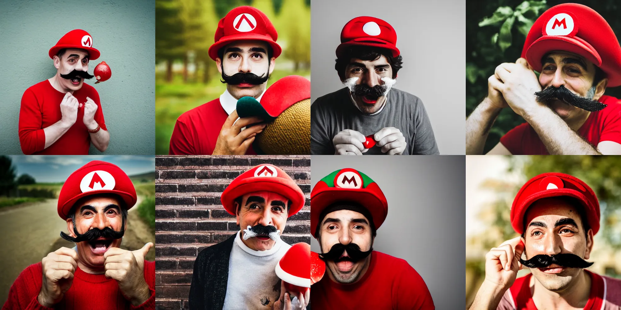 Prompt: italian man with a mustache dressed as mario wearing a solid red mario hat, 85mm lens, f1.8, crying tears of joy hugging a red mushroom with white spots