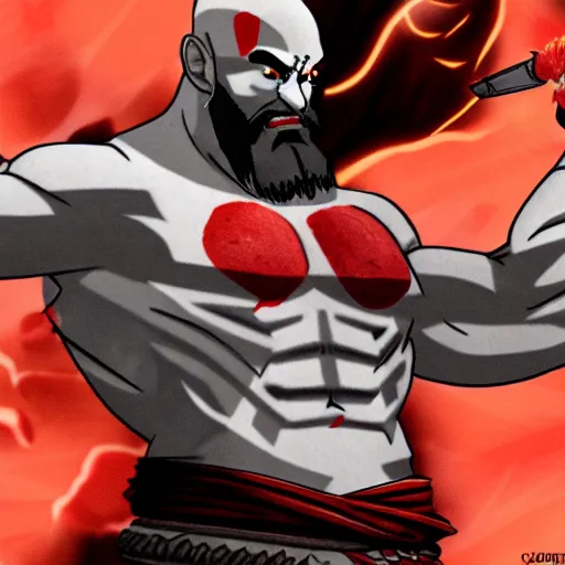 Image similar to kratos in the game hades, still from the game, cel shaded, cartoon style