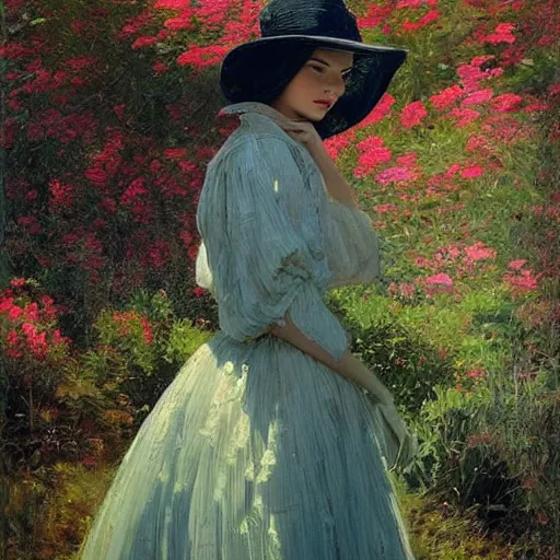 Prompt: happy very thick paint brush strokes paint texture full body fashion model kendall jenner by Jeremy Lipking by Hasui Kawase by Richard Schmid (((smokey eyes makeup eye shadow fantasy, glow, shimmer as victorian woman in a long white frilly lace dress and a large white hat having tea in a sunroom filled with flowers, roses and lush fern flowers ,intricate, night, highly detailed, dramatic lighting))) , high quality