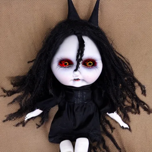 Image similar to creepy doll cursed witchcraft black eyes toy Lovecraftian dark black background doll old shamanic hair satanic