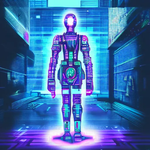 Image similar to a cybernetic warrior, cyberpunk, vapor wave