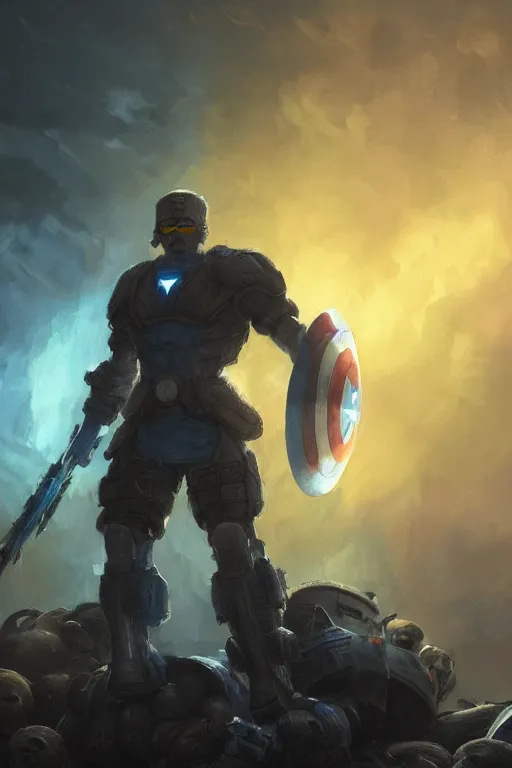 Image similar to a distant shot of a super soldier with blue and yellow flag and standing alone on a huge pile of human skulls as a winner, masculine figure, D&D, fantasy, bright hopeful atmosphere, volumetric lights, beam of bright light through the clouds, intricate, elegant, highly detailed, extremely detailed, digital painting, artstation, concept art, matte, smooth, sharp focus, hyper realistic, illustration, art by Artgerm and Greg Rutkowski and Alphonse Mucha