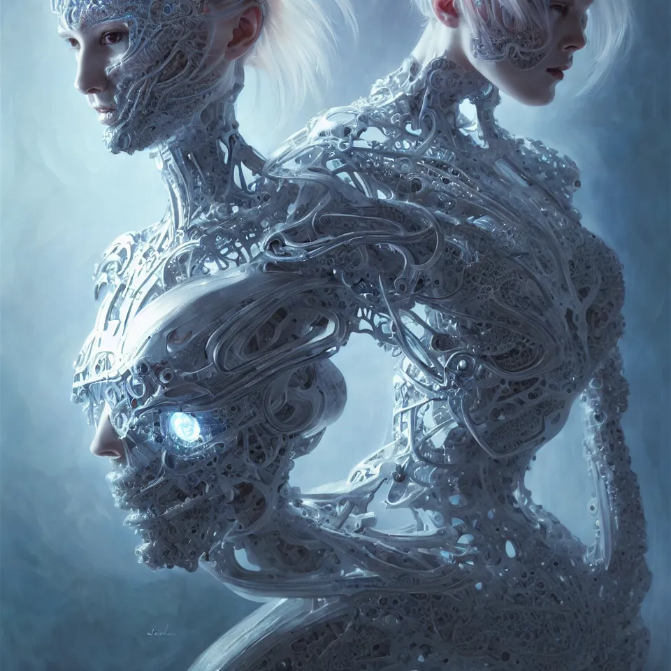 Image similar to organic cyborg, Chinese ice carving, diffuse lighting, fantasy, intricate, elegant, highly detailed, lifelike, photorealistic, digital painting, artstation, illustration, concept art, smooth, sharp focus, art by John Collier and Albert Aublet and Krenz Cushart and Artem Demura and Mucha and James Jean