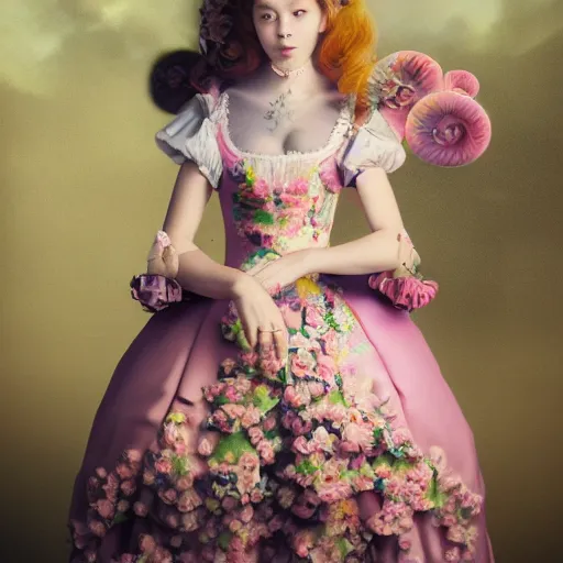 Image similar to 8 k, octane render, realism, tonalism, renaissance, rococo, baroque, portrait of a young - lady wearing long - harajuku manga - dress with flowers and skulls, cotton candy!! ( background chaotic cotton candy flowers )
