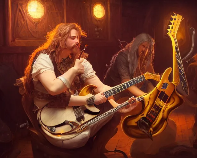 Image similar to photography of bard in a band shirt playing an electric guitar at a tavern concert, 8 k, deep focus, d & d, fantasy, intricate, elegant, highly detailed, digital painting, artstation, concept art, matte, sharp focus, illustration, hearthstone, art by artgerm and greg rutkowski and alphonse mucha