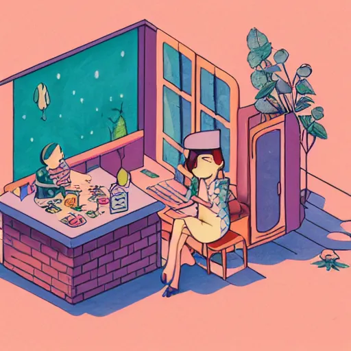 Prompt: isometric cute cartoon illustration bar, decorated with only cute detailed cannabis leaves in two ceramic pots, tables, utopian simple frontage, 2 cute characters, cute poster, beautiful composition pleasing palette by will barnet, watercolor art, hyperrealistic style, inked digital, render fun cartoon