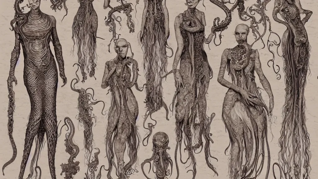 Prompt: aged paper, colorful character sheet for a stocky alien extraterrestrial female servant maid with thick snake - like tentacles instead of hair, long dress with apron, ernst haeckel, coherent, illustration, digital art, trending on artstation, hd, 8 k, good lighting, beautiful, rough paper, masterpiece