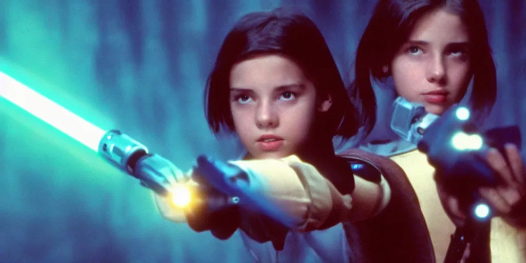 Image similar to a full color still of a teen brunette girl holding a lightsaber with a sci-fi battle in the background, cinematic lighting, 1999, directed by Steven Spielberg, 35mm