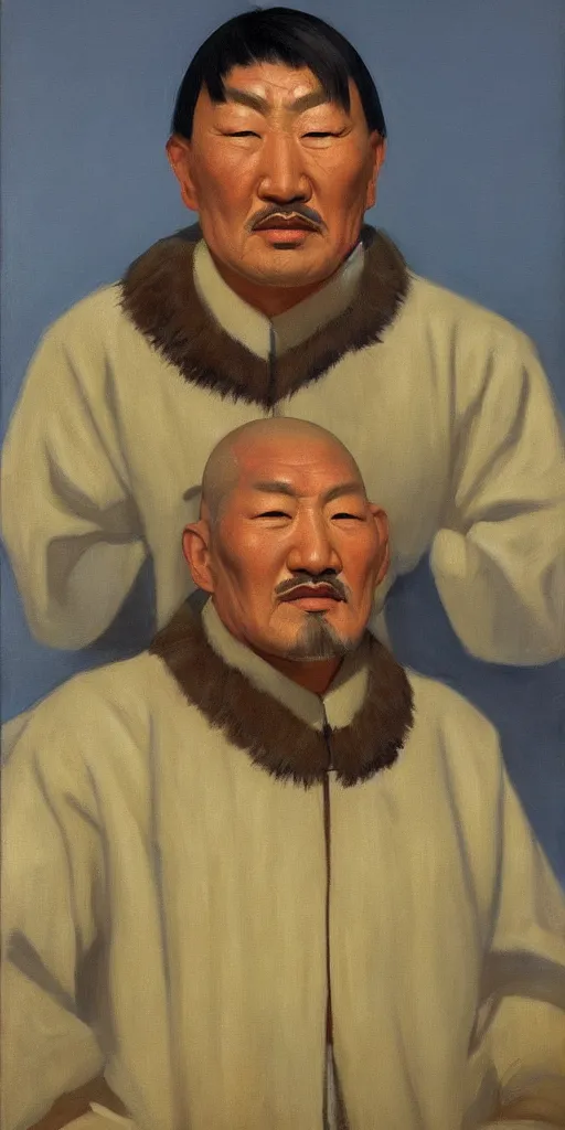 Image similar to a stunning and noble highly detailed portrait of genghis khan by edward hopper, trending on artstation, oil painting masterpiece, symmetry, mysterious, very very very aesthetic