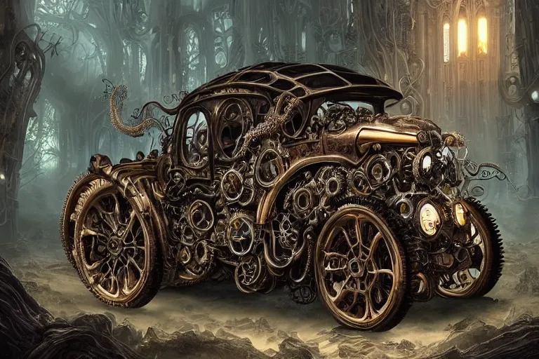 Image similar to biomechanical shiny steampunk vehicle reminiscent of bugatti chiron with (glowing) lights and octopus tentacles parked in ancient mystic woods, gothic and baroque, brutalist architecture, ultradetailed, creepy ambiance, fog, artgerm, giger, Intricate by Ellen Jewett and Josan Gonzalez and Giuseppe Arcimboldo