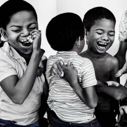 Prompt: A group of children laughing while performing open heart surgery on someone, detailed photography