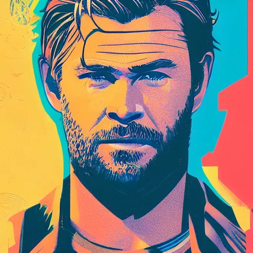 Image similar to Chris Hemsworth as Thor profile picture by Sachin Teng, asymmetrical, Organic Painting , Matte Painting, geometric shapes, hard edges, graffiti, street art:2 by Sachin Teng:4