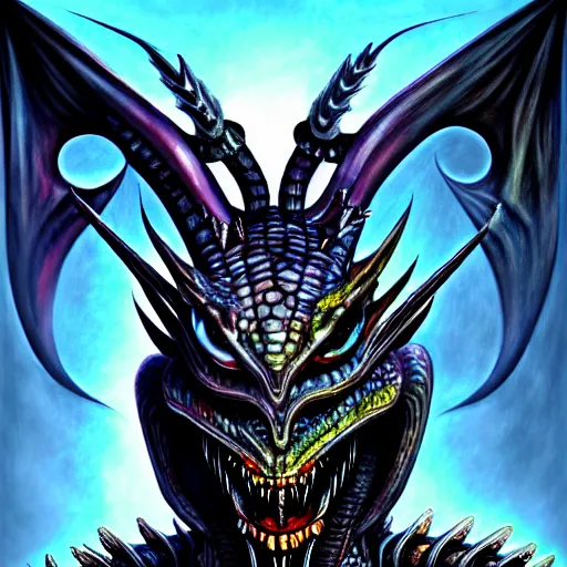 Image similar to Giger portrait of queen dragon, Dragon in dragon lair, HD, full body dragon concept, flying dragon, soft shading, soft colors, relaxed colors, hyperdetailed, wide angle lens, fantasy, futuristic horror, style of giger