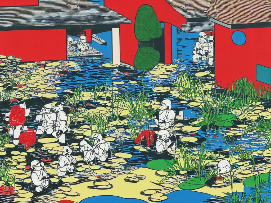 Image similar to close - up image of a japanese house with a pond, stormtroopers sitting around it, in style of pop - art, andy warhol, roy lichtenstein, jackie tsai, bright palette, acrylic on canvas