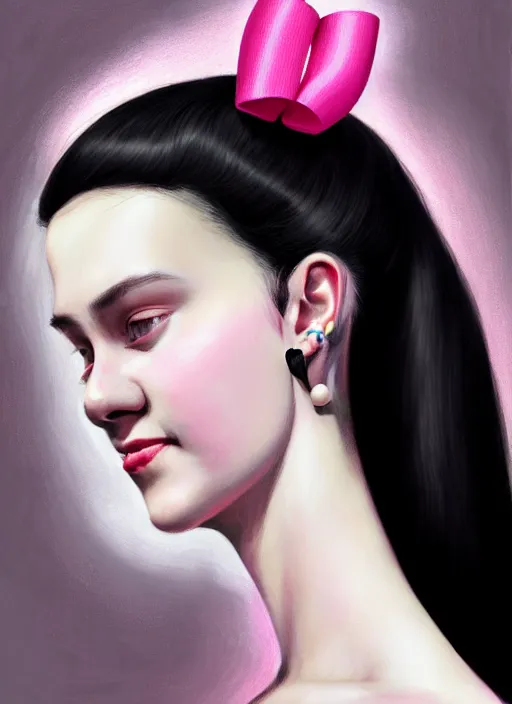 Image similar to portrait of teenage girl, realistic, black hair, bangs, half updo hairstyle, pointy nose, skinny, smile, ugly, defined jawline, big chin, pink hair bow, earrings, intricate, elegant, glowing lights, highly detailed, digital painting, artstation, sharp focus, illustration, art by wlop, mars ravelo and greg rutkowski