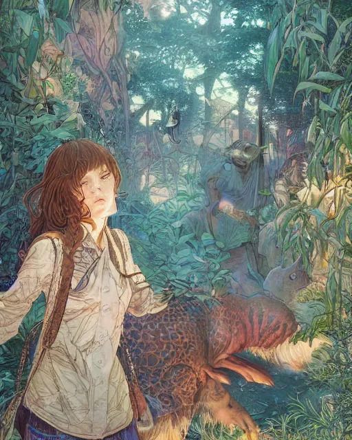 Image similar to a girl at the zoo, full shot, visible face, ambient lighting, detailed, art by ayami kojima, makoto shinkai, kilian eng