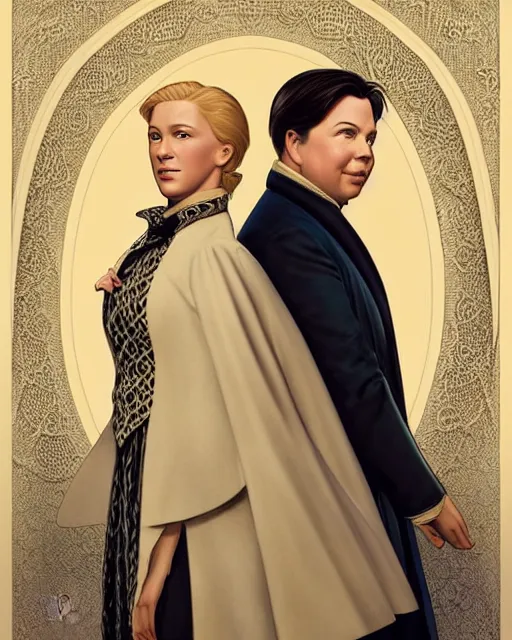 Prompt: Portrait of a  blonde lady and Michael mcintyre as characters in the Sound of Music,real life skin, intricate, elegant, highly detailed, artstation, concept art, smooth, sharp focus, art by artgerm and greg rutkowski and alphonse mucha