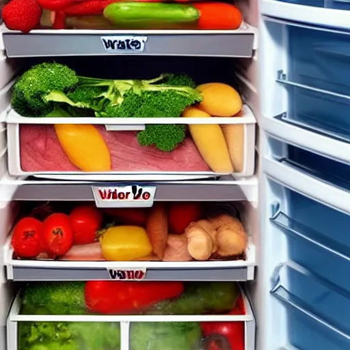 Prompt: war inside a refrigerator fruits and vegetables vs meat and chicken, whoever wins the war stays in the refrigerator mouth