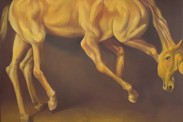 Image similar to creature with the head, arms and back of a human being and the body and legs of a horse. oil painting