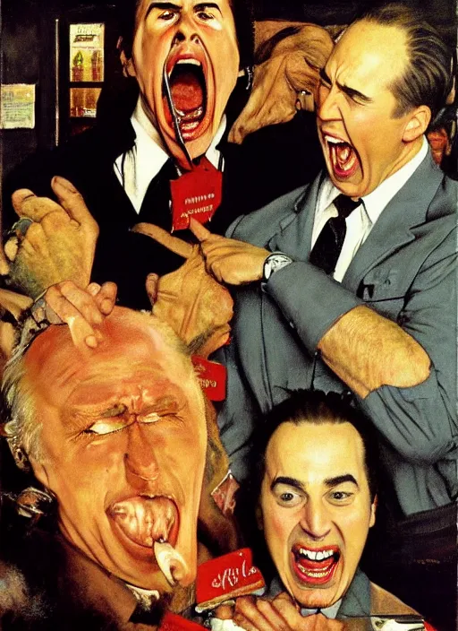 Image similar to full body and head portrait of nicholas cage screaming about crazy evil in a restaurant and being restrained by the manager, painted by norman rockwell and tom lovell and frank schoonover