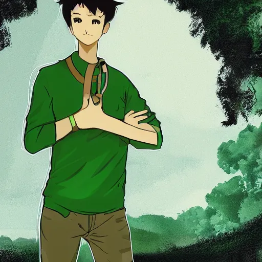 Image similar to A Green clothes guy Exploring the world with curiosity, Digital Art, Anime Style