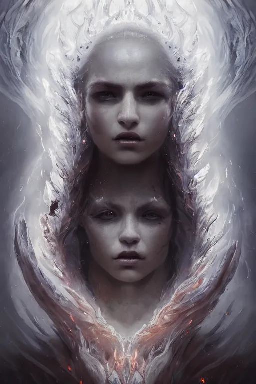 Image similar to a beautiful portrait of celestial Demon women covered in white flames with an intense look on her face by Greg Rutkowski, Sung Choi, Mitchell Mohrhauser, Maciej Kuciara, Johnson Ting, Maxim Verehin, Peter Konig, Bloodborne , 8k photorealistic, cinematic lighting, HD, high details, atmospheric , trending on artstation