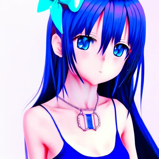 Prompt: 3d anime girl, wearing a tanktop, gorgeous face, blue eyes, ribbon in her hair, silver necklace, , high quality anime art, trending on artstation
