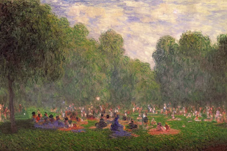 Prompt: a detailed illustration of a god ruining a picnic in the park, nightmare in the park, small crowd of people, calamity, dark storms with lightning, 8 k, art by claude monet and andreas rocha and albert bierstadt