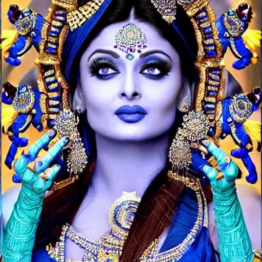 Prompt: extremely beautiful aishwarya rai as a blue - skinned indian goddess with six arms, symmetric, aesthetic!!!, cosplay, studio lighting, beautiful symmetric face, clean composition, highly symmetric body parts, gazing eyes, blue skin, blue body paint