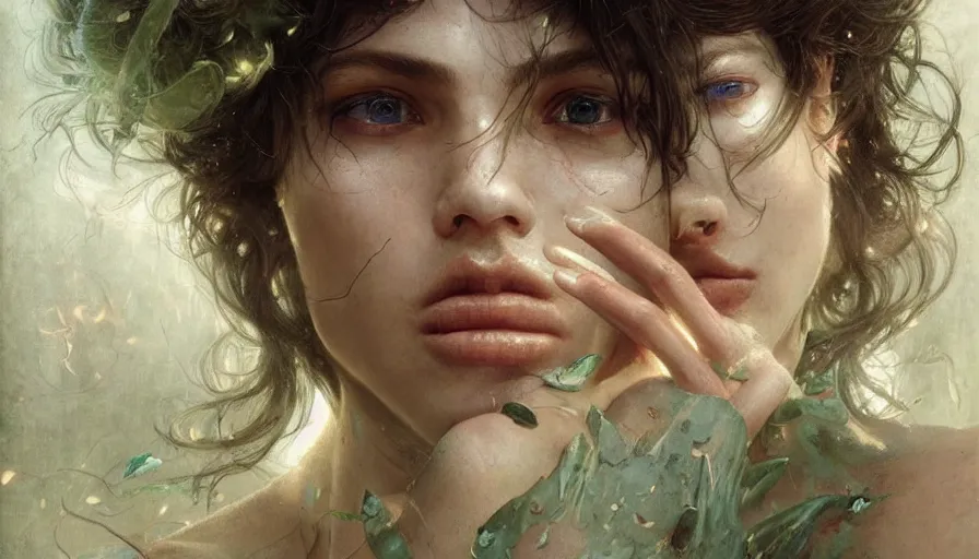 Image similar to epic masterpiece power, drama, sweaty skin, hyperrealistic, octane render, cinematic, beautiful face and flawless skin, perfect hands, 5 fingers, emerald by Edgar Maxence and Ross Tran and Michael Whelan, Legends of Runeterra