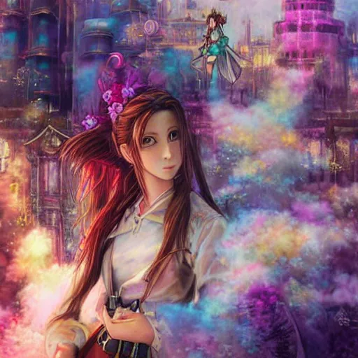 Image similar to a dreamy colorful drawing of aerith gainsborough from from final fantasy 7 with the steam punk city midgard as backdrop by master artist yoshitaka amano
