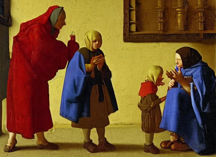 Image similar to A medieval old woman healer treats a boy with herbs, medieval painting by Jan van Eyck, Johannes Vermeer, H 1200