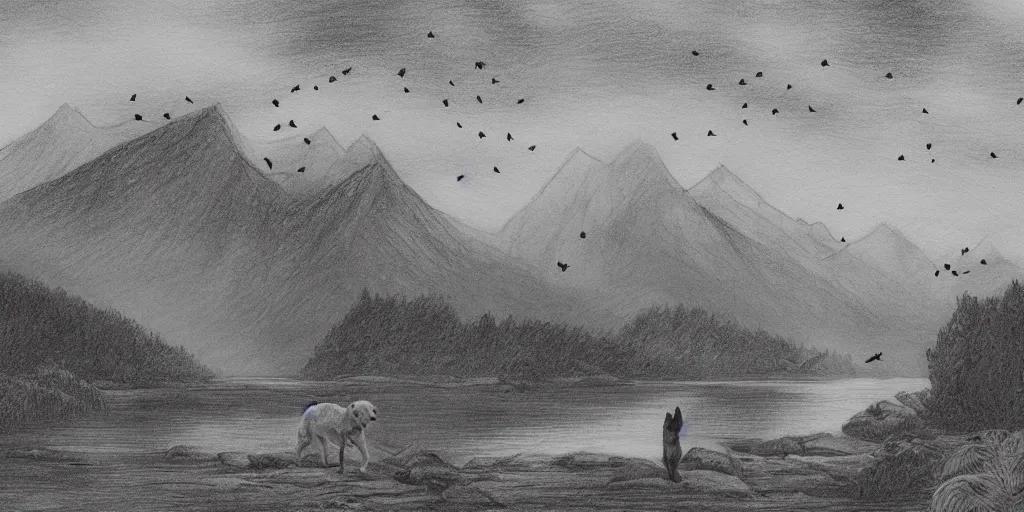 Image similar to A majestic landscape featuring a river, mountains and a forest. A group of birds is flying in the sky. There is a dog and an old man standing, wearing a backpack and staring at the sunset. Cinematic, very beautiful, pencil drawing