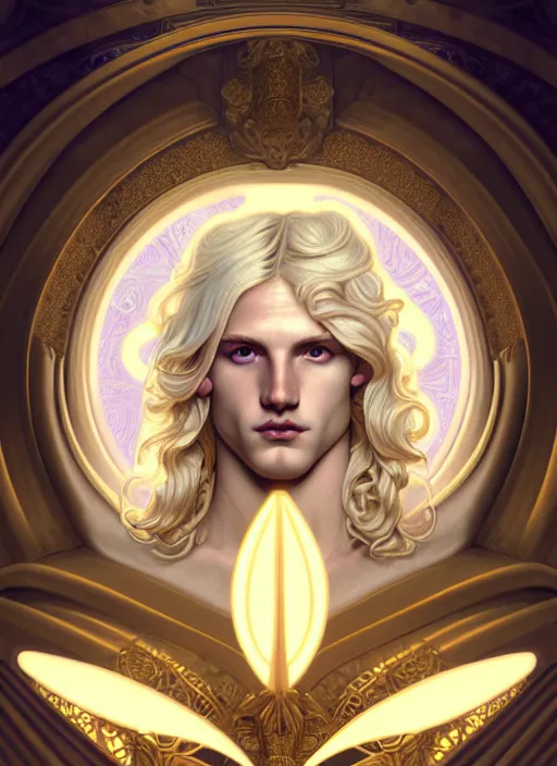 Image similar to portrait of smirking young god apollo, wavy blond hair, bright halo, glowing eyes, volumetric lights, platinum scheme, art nouveau botanicals, gothic, intricate, highly detailed, digital painting, artstation, concept art, smooth, sharp focus, symmetric face, illustration, steampunk, art by artgerm and greg rutkowski and alphonse mucha