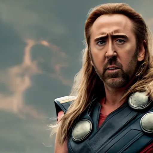 Image similar to film still of Nic Cage as Thor in Avengers Endgame