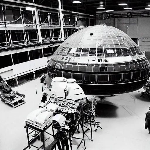 Image similar to scientists studying a simplistic oval shape spacecraft in a warehouse, 1 9 6 0's sci - fi, black and white, 8 k, highly ornate intricate details, extreme detail,