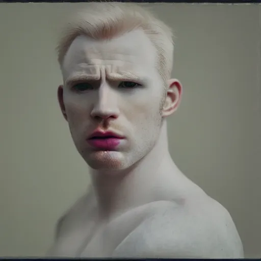 Prompt: realistic expired kodak film portrait of albino chris evans, hyperrealism, photorealistic, detailed, atmospheric, 8 k, award winning photography, cinematic