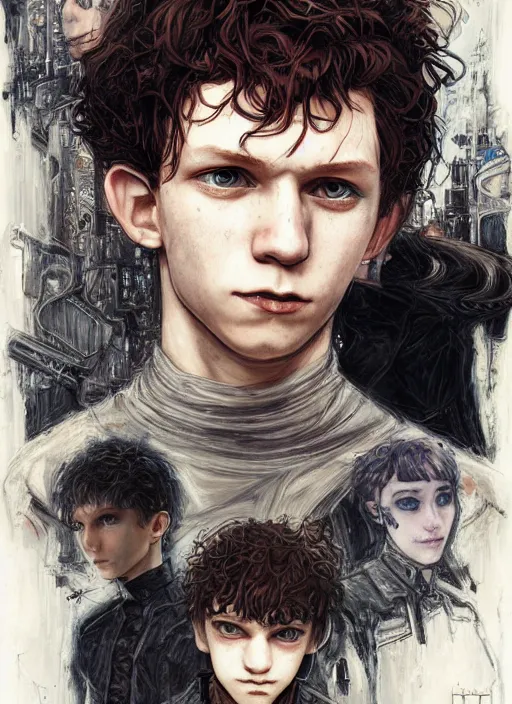 Image similar to portrait of young gothic Tom Holland, cyberpunk, Warhammer, highly detailed, artstation, illustration, art by Gustav Klimt and Range Murata and Katsuya Terada