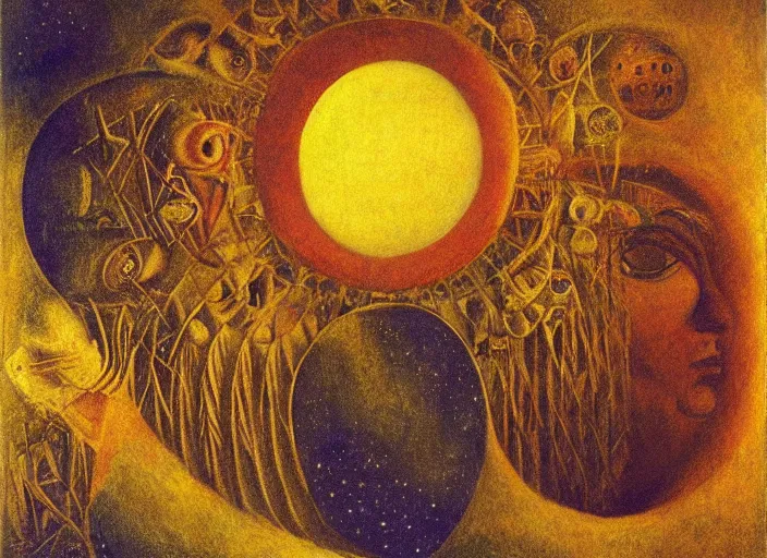 Prompt: an ancient full moon, cosmic universe, aquarius, by remedios varo, reflection, symbolist, warm colors, dramatic lighting, smooth, sharp focus, extremely detailed, aesthetically pleasing composition