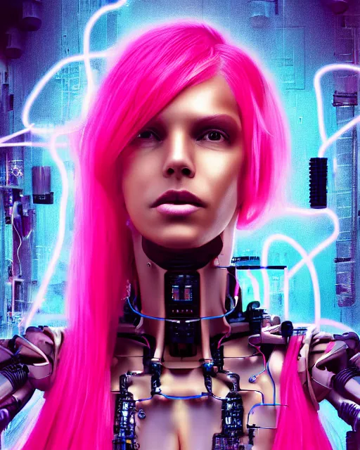 Image similar to portrait of a beautiful tanned woman with pink hair as a cyberpunk cyborg half robot, revealing wires and electronics, hooked - up, sci - fi, missing panels, intricate abstract upper body intricate artwork, concept art, octane render, deviantart, cinematic, key art, hyperrealism, iridescent accents, portrait photograph, nikon 3 5 mm, photograph by greg rutkowski