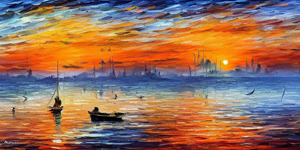 Prompt: rising sun ( ( ( fishing cormorant, fishing boat ) ) ) on the bay, by leonid afremov and moebius